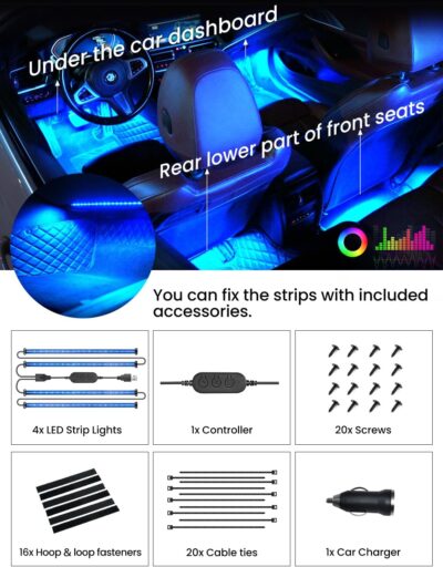 Pak Car LED Lights, Smart RGB 48 LED Car Interior Light with APP Control, Under Dash Car Strip Lights, Music Mode, DIY Mode, 2 Lines Design with Car Charger, Ambient Lighting for Cars, SUVs, Trucks - Image 7