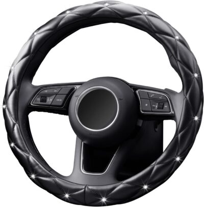 YOGURTCK Diamond Soft Leather Anti-Slip Steering Wheel Cover with Bling Bling Crystal Rhinestones, Universal 15 Inch for Women Girls, Fit Vehicles, Sedans, SUVs, Vans, Trucks - Black - Image 9