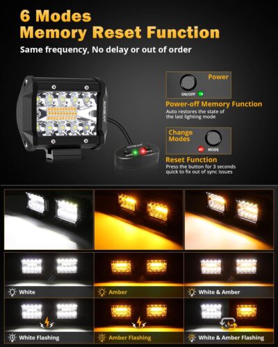 Auxbeam 6 Modes Amber White Series 4 Inch 120W Strobe LED Pod Lights Dual Color Auxiliary Offroad Light Bar Spot Flood Combo Flashing Fog Lights A-Pillar Bumper Grille Mount, Pair - Image 2