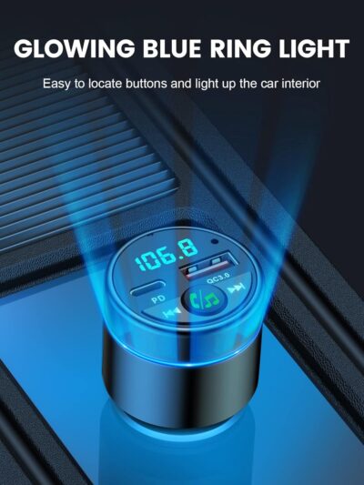 FM Transmitter for Car Bluetooth 5.3, [All-Metal] PD 30W & QC3.0 18W Fast Car Charger, Wireless FM Radio Kit Bluetooth Car Adapter, Noise Cancelling Hands-Free Call, Blue Light - Black - Image 7