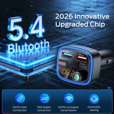 Bluetooth 5.4 Car Adapter, Wireless FM Transmitter with Deep Bass Player, 48W Fast Charging Bluetooth Adapter for Car, Hands-Free Calling & Audio Receiver, MP3 Music Player, Support USB Drive - Image 4