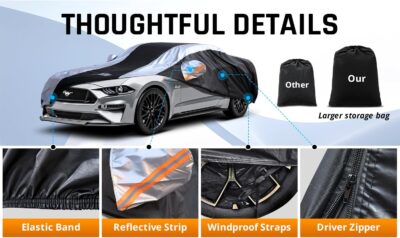 Mustang Car Cover Waterproof All Weather with Silver Strip Design, Custom Fit for Ford Mustang 1994–2025, Mustang Accessory with Door Zipper & Windproof Straps - Image 5