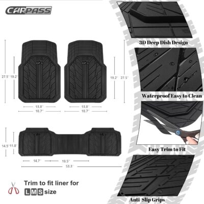 CAR PASS Heavy Rubber Car Floor Mats, Deep Waterproof Car Mats All Weather, Universal Trim-to Fit Automotive Floor Mats for Car SUV Truck Van, Durable Floor Liners Solid Black - Image 3