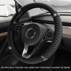 Bling Car Steering Wheel Cover, 15 Inch Sparkly Rhinestone Soft Leather Steering Wheel Protector, Non-Slip Universal Auto Elastic Steering Wheel Covers for Women Girls (Black) - Image 4
