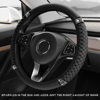Bling Car Steering Wheel Cover, 15 Inch Sparkly Rhinestone Soft Leather Steering Wheel Protector, Non-Slip Universal Auto Elastic Steering Wheel Covers for Women Girls (Black) - Image 4