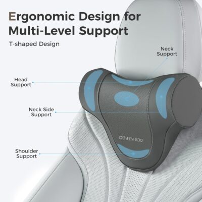 Coverado Car Headrest Pillow, Ergonomic Memory Foam Car Neck Pillow for Driving Seat with Adjustable Strap, Soft PU Leather Breathable Removable Cover Neck Support for Neck Pain Relief - Gray - Image 2