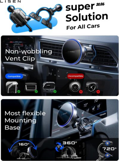 LISEN 15W MagSafe Car Mount Charger,Travel MagSafe Charger,Wireless Car Charger,Magnetic Phone Holder for Car,Phone Holders for Your Car Accessories for Women Men Jeep Ford for iPhone 17-12,Samsung - Image 2