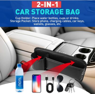 Car Seat Gap Filler Organizer, Universal PU Leather Car Seat Organizer with Cup Holder, Seat Gap Filler Storage Bag for Glasses, Phones, Keys, Cards and Small Items - Image 3