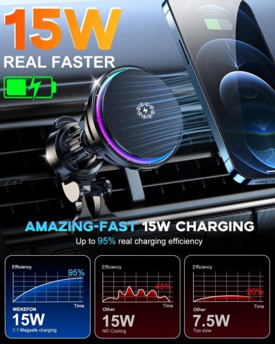 2026 Upgrade TEC & Fan Dual Cooling Magnetic Wireless Car Charger, For Magsafe Car Charger Mount, RGB, Air Vent 15W Fast Wireless Charging Car Phone Holder for iPhone 17/16/15/14/13/12, Samsung ＆Pixel - Image 4