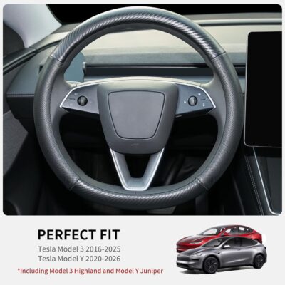 Carbon Fiber Leather Steering Wheel Cover for Tesla Model 3/Y 2016-2025 2026 Juniper/Highland, Non-Slip Breathable Steering Wheel Protector for Tesla Model 3/Y Accessories 2026 - Image 2