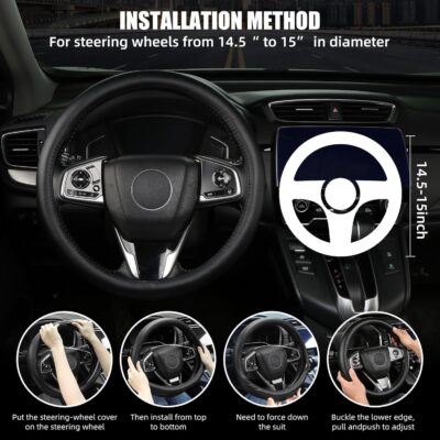 Leather Steering Wheel Cover, Anti-Slip, Safety, Soft, Breathable, Adaptable to 14.5-15 inches Steering Wheel Fit SUV Jeep Van Sedan, Car Steering Wheel Protector for Women Men,Classic Black - Image 5