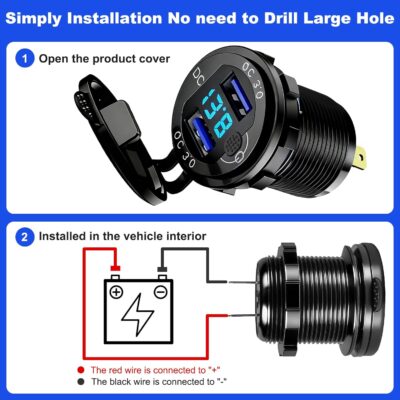 12V Flush Mount Car Charger, Aluminum Metal Body with LED Voltmeter and Switch, Dual QC3.0 USB Port for Marine, RV, Motorcycle & Panel Mounting (red) - Image 5