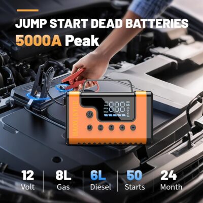 Car Jump Starters with Air Compressor, 5000A Portable Car Battery Booster, Clean Vacuum Cleaner, 12V Lithium Ion Battery Charger, 150PSI Tire Inflator for 8.0L Gasoline and 6.0L Diesel Engines - Image 3