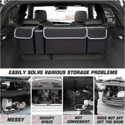 AUCELI Car Trunk Organizer, Backseat Hanging Large Storage with Adjustable Straps, Waterproof Collapsible Cargo Bag with 4 Pockets, Sturdy Space Saver Frees Trunk Floor for SUV, Truck, MPV - Image 3