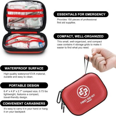 Mini First Aid Kit - 150 Piece Small Waterproof Hard Shell Medical Kit for Home, Car, Travel, Camping, Truck, Hiking, Sports, Office, Vehicle & Outdoor Emergencies- Small First Aid Medical Kit (Red) - Image 4
