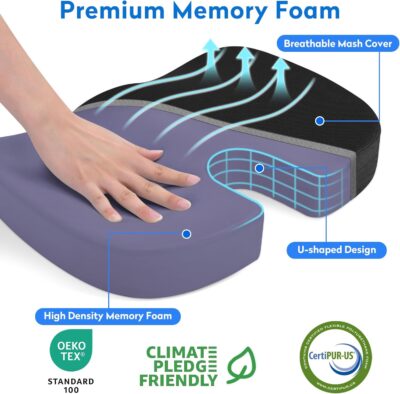 Seat Cushion - Memory Foam Office Chair Cushion for Sciatica, Tailbone & Back Pain Relief - Orthopedic Coccyx Pillow for Car, Airplane, Pregnancy & Long Sitting at Work, Black - Image 2