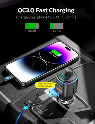 Nulaxy Bluetooth FM Transmitter, QC3.0 Fast Charge Bluetooth Car Adapter, Wireless Radio Car Kit with 7 Color LED Backlit, USB Flash Drive, microSD Card, Glossy Black - Image 2