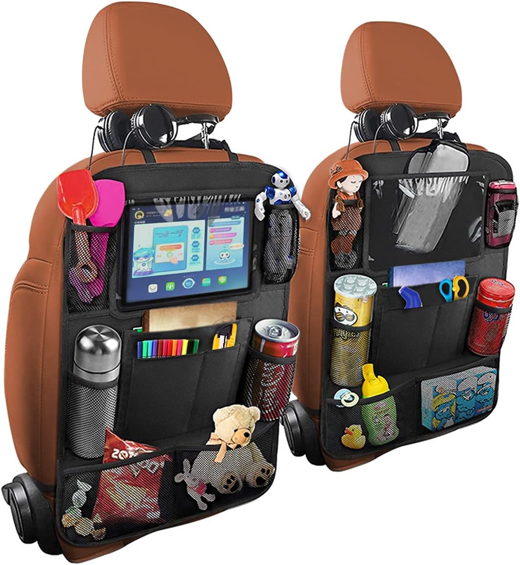 718Uj4uP2TS._AC_SL1200_.jpg Car Seat Back Organizer, 2 Pack Backseat Storage Bag with Touch Screen Tablet Holder & 9 Pockets, Durable Waterproof Oxford Fabric, Travel Accessories, Road Trip Essentials for Kids - Image 1