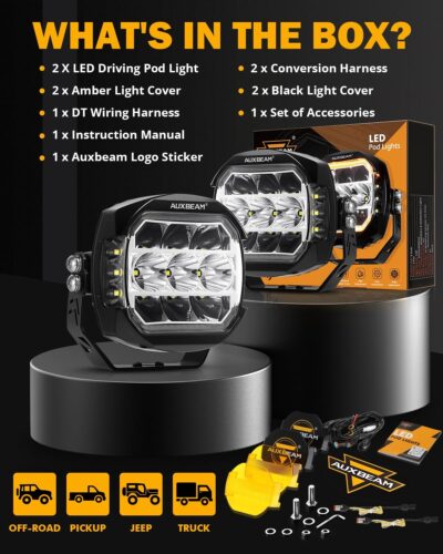 Auxbeam 5Inch LED Offroad Lights, 270° Ultra-Wide Ditch Lights Side Shooter Driving Pods with W/A DRL+Turn Signal Light, 174W XP-Ultra Series Spot Flood Combo Cube Fog Light with Yellow/Black Cover - Image 7