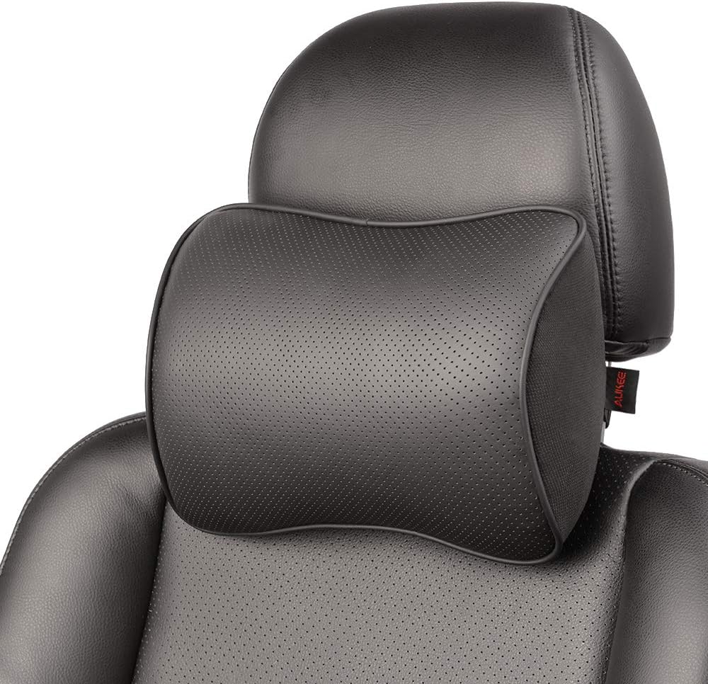 718Wea8KFCL._AC_SL1000_.jpg Aukee Car Headrest Pillow Memory Foam Car Neck Pillow with Adjustable Strap Soft Leather Headrest for Driving Home Office Black (1PC) - Image 1