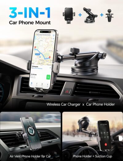 CHGeek Wireless Car Charger with Phone Holder Mount, 15W Fast Charging Auto Clamping Phone Holders for You Car Windshield Dashboard Air Vent Accessories for iPhone, Samsung Galaxy, Google, etc - Image 2