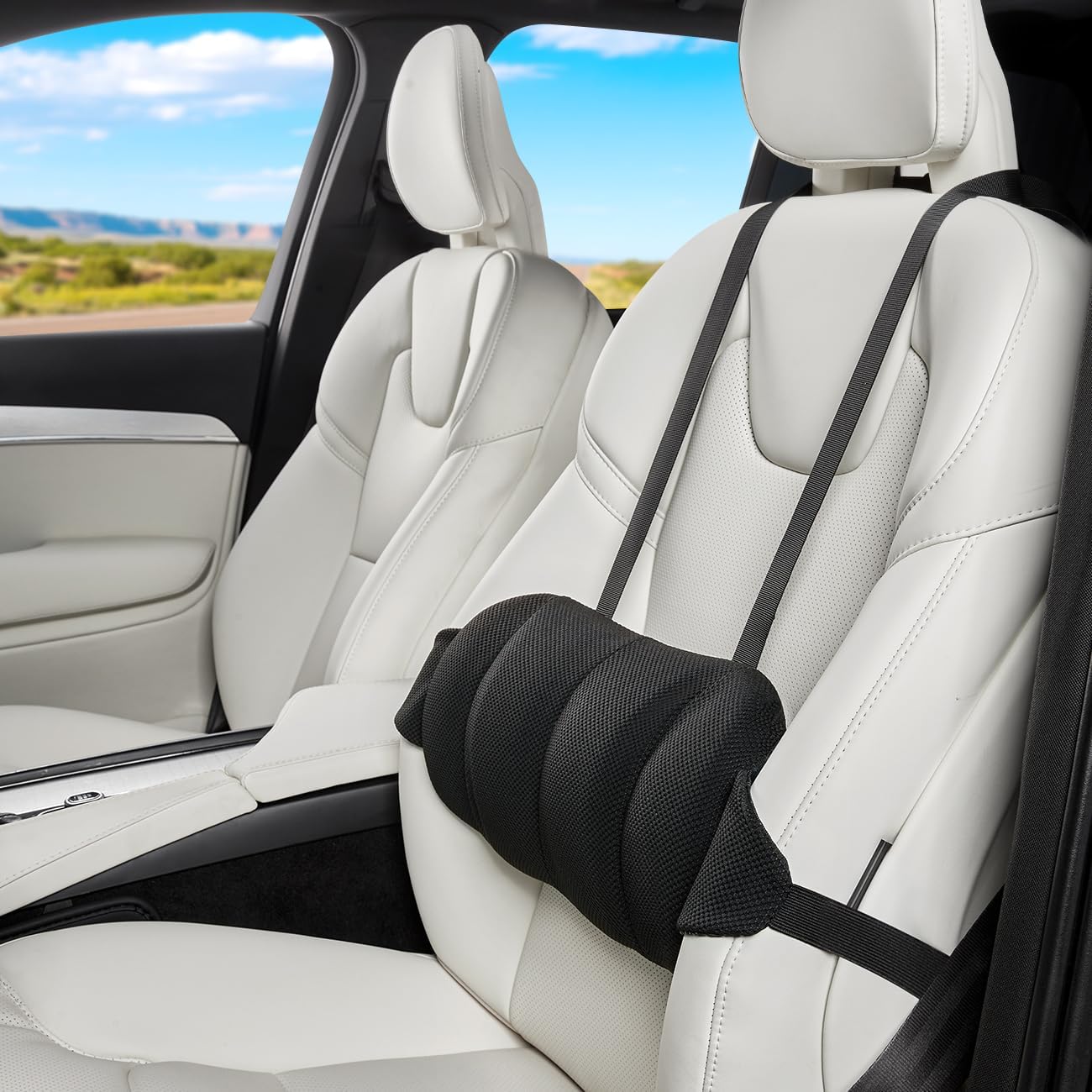 718rpBR7VL._AC_SL1300_.jpg Lumbar Support Pillow for Car,Back Support for Car Seat Cushion,Adjustable Straps Securely Fixed Car Lumbar Support Pillow for Office Chair (Black) - Image 1