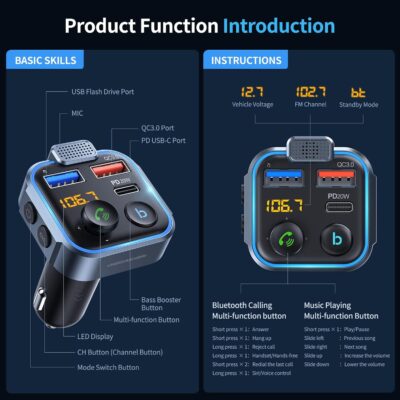 UNBREAKcable Bluetooth 5.3 FM Transmitter for Car, [PD 20W + QC 3.0] [Stronger Microphone & HiFi Bass Sound] Cigarette Lighter Radio Music Adapter Charger, Supports Hands-Free Siri Google Assistant - Image 4