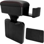 Car Armrest Storage Box with Cup Holder, Adjustable Leather Auto Seat Gap Filler Armrest Extender Pad, Liftable Forearm Wrist Support Center Console Storage Case for SUV Truck (Black & Red)