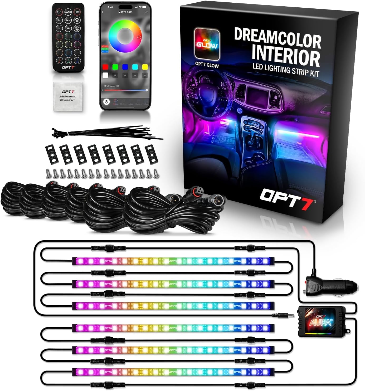 719Ad5vlHJL._AC_SL1500_.jpg OPT7 Aura DreamColor RGB-IC Car Interior Ambient Light, 6PC Single Row LED Strips, Color Chasing Light Kit w/APP & Remote Control, Universal for Vehicles SUV Truck Pickup Van - Image 1