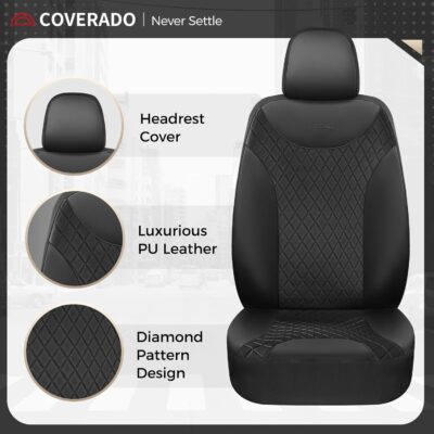 Coverado Seat Covers Full Set, 5 Seat Black Car Seat Covers, Leather Car Seat Protectors, Automotive Front and Back Seat Covers, Waterproof Car Seat Cushions Universal Fit for Most Sedan, SUV, Truck - Image 3