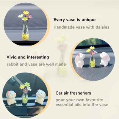 Cute Rabbit Car Dashboard Accessories Flowers Rear View Mirror Decorations, Funny Car Interior Accessories for Girls Women Daisy Charm - Image 2