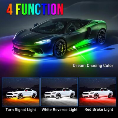 OPP ULITE Car Led Underglow Lights Aluminum Dream Chasing Color Accent Light Bar, RF Remote & APP Control Underglow Light Strip with Red Brake/Yellow Turn Signal/White Reverse Light Kit, 8PC Pack - Image 3