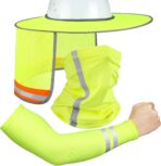 SATINIOR 3 Pcs Sun Hard Hat Neck Protection High Visibility Full Brim Mesh Sun Protection Bandana Headband Arm Sleeves with Reflective Strap for Construction Helmet Hard Hat(Neon Yellow)