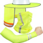 SATINIOR 3 Pcs Sun Hard Hat Neck Protection High Visibility Full Brim Mesh Sun Protection Bandana Headband Arm Sleeves with Reflective Strap for Construction Helmet Hard Hat(Neon Yellow)