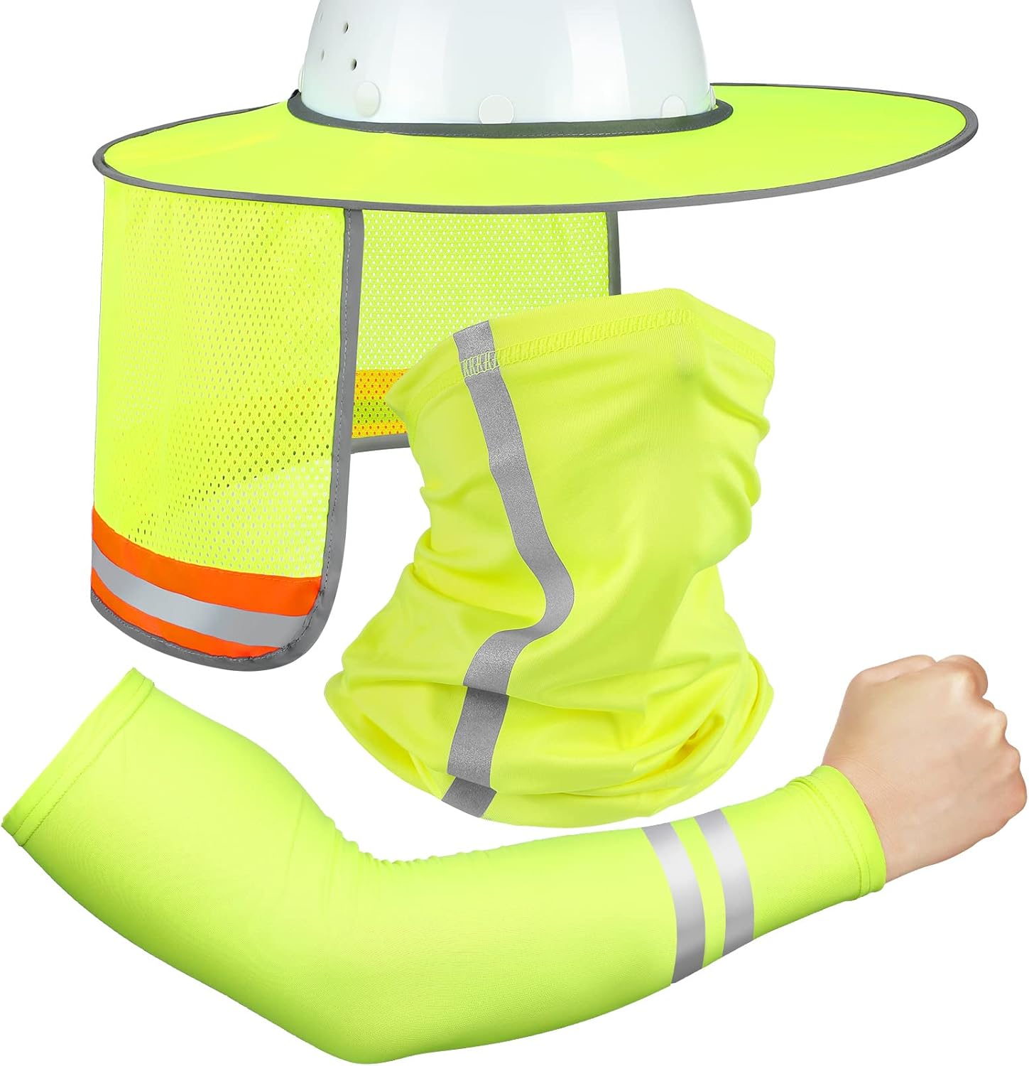 719dVkTKUL._AC_SL1500_.jpg SATINIOR 3 Pcs Sun Hard Hat Neck Protection High Visibility Full Brim Mesh Sun Protection Bandana Headband Arm Sleeves with Reflective Strap for Construction Helmet Hard Hat(Neon Yellow) - Image 1