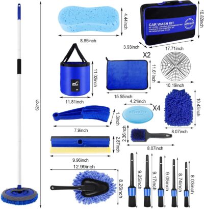 21Pcs Car Wash Kit,62" Car Wash Brush Mop with Long Handle,Car Cleaning Kit,Car Detailing Brush Set,Car Wash Bucket with Filter,Windshield Window Squeegee for Cars RV Truck Boat (Blue) - Image 7