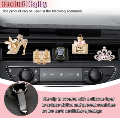 4PCS Bling Car Air Vent Clip, Crystal Rhinestone Heels Bag Crown Perfume Bottle Dashboard Air Vent Trim Clips, Car Interior Outlet Diffuser Decoration Accessory for Women (Gold) - Image 3