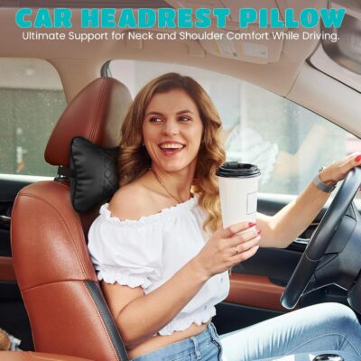 Set of 2 Quilted Faux Leather Car Headrest Pillow, Black Case/Black Threading, Ergonomic Neck Support for Comfortable Driving - Image 3