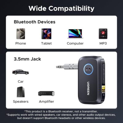UGREEN Bluetooth 6.0 Receiver for Car with LDAC, AI Noise Cancelling 3.5mm AUX Bluetooth Car Adapter, Hi-Res Wireless Audio Receiver for Home Stereo/Wired Speaker with Hands-Free Call,15H Battery Life - Image 9