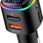 Nulaxy Bluetooth FM Transmitter, QC3.0 Fast Charge Bluetooth Car Adapter, Wireless Radio Car Kit with 7 Color LED Backlit, USB Flash Drive, microSD Card, Glossy Black