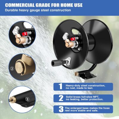 MEKOH Pressure Washer Hose Reel 50ftx3/8” / 65ftx1/4”, 4000PSI Heavy Duty Power Washer Hose Reel with M22-14 Fitting, Hand Crank Metal Reel with Wall/Trailer/Van Mount, Manual Hose Reel for Water - Image 4