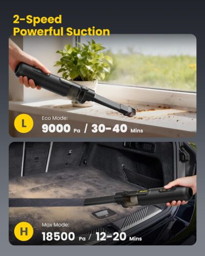 Mr.ego Handheld Car Vacuum Portable Cordless, 4-in-1 Mini Vacuum with 18500Pa Strong Suction, Desk Vacuum Cleaner and Air Duster with Green LED Light for Small Jobs, Car, Home, Keyboards (Black) - Image 4