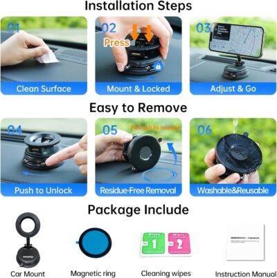 Upgraded Car Phone holder for Magsafe [120LBS Suction Cup & 3000gf Magnet ] 1100° Adjustable Vacuum Magnetic Phone Holders for Your Car, Dashboard Car Mount Bracket for iPhone & Android, Carbon Fiber - Image 8