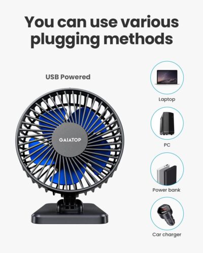 Gaiatop USB Desk Fan, Small But Powerful, Personal Portable Quiet 3 Speeds, Adjustable Mini Table Desktop fan for Cooling Home Office Car Summer Travel Gifts Blue - Image 6