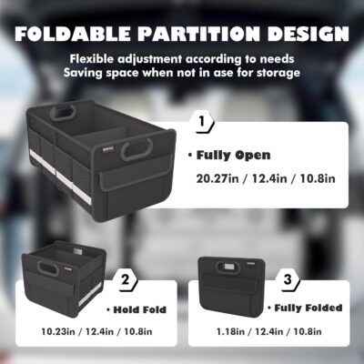 Homeve Trunk Organizer, Car Storage, Reinforced Handles, Collapsible Multi-Compartment Car Organizers, Foldable, Waterproof, 2 Compartments, Suitable for Car Accessories, SUV (Black, Standard) - Image 2