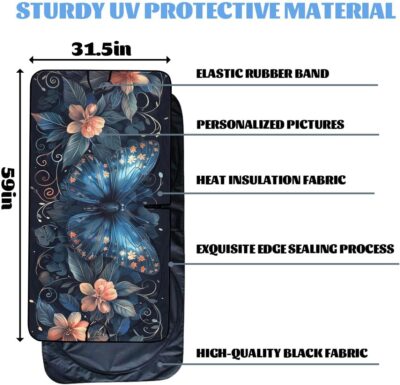 Blue Butterfly Car Windshield Sunshade Folding Retro Flowers Leaves Heatshield Front Window Car Sun ​Shade Windshield Block UV Rays Sun Shade Visor Protector for Car Sedan Truck SUV Accessories - Image 6