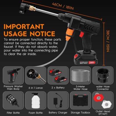 Cordless Pressure Washer, 6-in-1 Nozzle Portable Battery Powered Pressure Washer Handheld with 2 Battery Powered, 18bar Portable High Pressure Cordless Power Washer for Car/Floor/Patio Cleaning(black) - Image 8