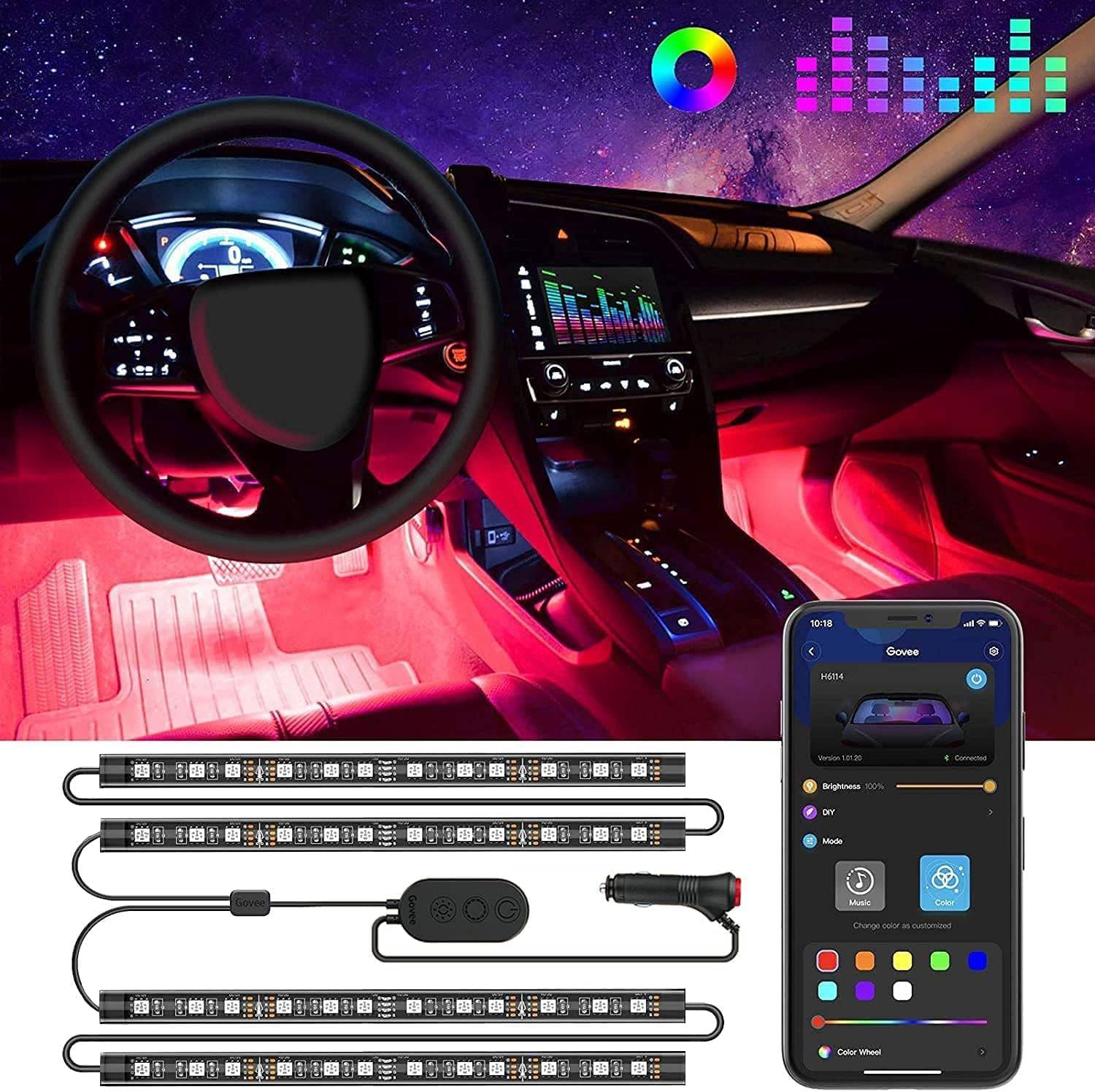 71AlKndhntL._AC_SL1500_.jpg Govee Car LED Lights, Smart Car Interior Lights with App Control, RGB Lights with DIY Mode and Music Mode, 2 Lines Design LED Lights for Cars with Car Charger, 12V - Image 1