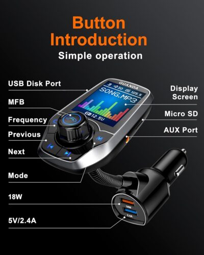 Upgraded Bluetooth 5.3 FM Transmitter for Car, Wireless Radio Adapter Kit W 1.8" Color Display Hands-Free Call AUX in/Out SD/TF Card USB Fast Charging 18W for All Smartphones Audio Players - Pewter - Image 7