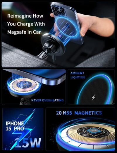 MagSafe Car Mount Charger, 3 in 1 [LED RGB HandsFree] Wireless Car Charger, Magnetic Phone Holders for Your Car- Fast Charging Car MagSafe Charger for iPhone 17/16/15/14/13/12 Series, for Men Women - Image 6